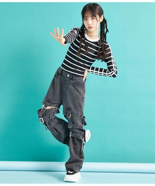 ANAP GｉRL（アナップガール）の「袖ライン入りリブトップス（Tシャツ/カットソー・キッズ・ブラック×ホワイト/ブラック/ホワイト・S/M/XS）」の21枚目の写真