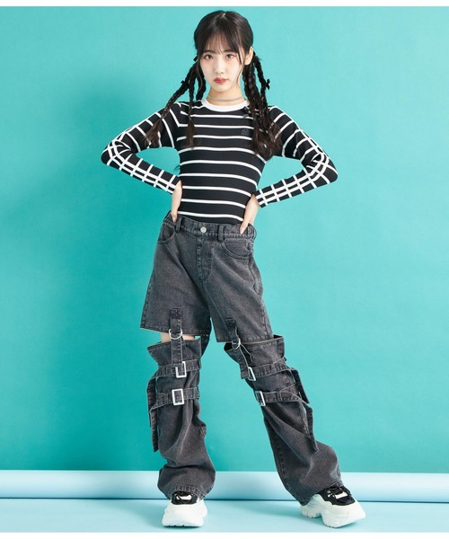 ANAP GｉRL（アナップガール）の「袖ライン入りリブトップス（Tシャツ/カットソー・キッズ・ブラック×ホワイト/ブラック/ホワイト・S/M/XS）」の22枚目の写真