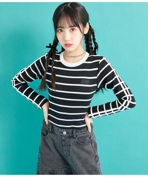 ANAP GｉRL（アナップガール）の「袖ライン入りリブトップス（Tシャツ/カットソー・キッズ・ブラック×ホワイト/ブラック/ホワイト・S/M/XS）」の17枚目の写真
