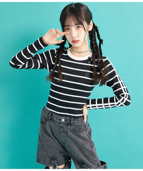 ANAP GｉRL（アナップガール）の「袖ライン入りリブトップス（Tシャツ/カットソー・キッズ・ブラック×ホワイト/ブラック/ホワイト・S/M/XS）」の18枚目の写真