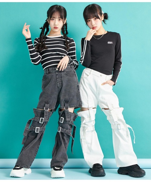 ANAP GｉRL（アナップガール）の「袖ライン入りリブトップス（Tシャツ/カットソー・キッズ・ブラック×ホワイト/ブラック/ホワイト・S/M/XS）」の6枚目の写真