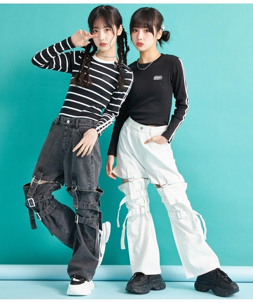 ANAP GｉRL（アナップガール）の「袖ライン入りリブトップス（Tシャツ/カットソー・キッズ・ブラック×ホワイト/ブラック/ホワイト・S/M/XS）」の7枚目の写真