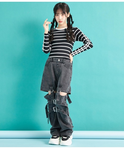 ANAP GｉRL（アナップガール）の「袖ライン入りリブトップス（Tシャツ/カットソー・キッズ・ブラック×ホワイト/ブラック/ホワイト・S/M/XS）」の20枚目の写真