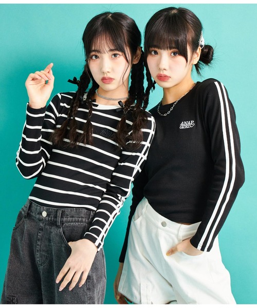 ANAP GｉRL（アナップガール）の「袖ライン入りリブトップス（Tシャツ/カットソー・キッズ・ブラック×ホワイト/ブラック/ホワイト・S/M/XS）」の4枚目の写真