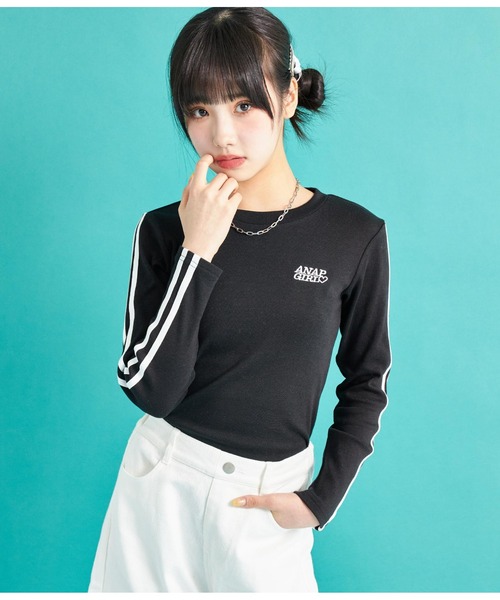 ANAP GｉRL（アナップガール）の「袖ライン入りリブトップス（Tシャツ/カットソー・キッズ・ブラック×ホワイト/ブラック/ホワイト・S/M/XS）」の9枚目の写真