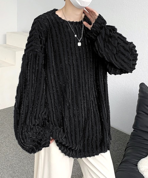 FVLMEN(フルメン)の「【FVLMEN】fringe stripe longsleeve tee/フリンジ ストライプ ロングスリーブ T(Tシャツ/カットソー・メンズ・ベージュ/ブラック/アイボリー・MEDIUM/X-LARGE/LARGE)」の3枚目の写真