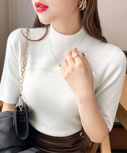 Miniministore(ミニミニストア)の「モックネック ニットトップス 五分袖韓国(ニット/セーター・レディース・ライトグレー/ホワイト/オレンジ/ベージュ/モカ/ブラック/ブルーグレー・FREE)」の2枚目の写真