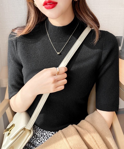 Miniministore(ミニミニストア)の「モックネック ニットトップス 五分袖韓国(ニット/セーター・レディース・ライトグレー/ホワイト/オレンジ/ベージュ/モカ/ブラック/ブルーグレー・FREE)」の3枚目の写真