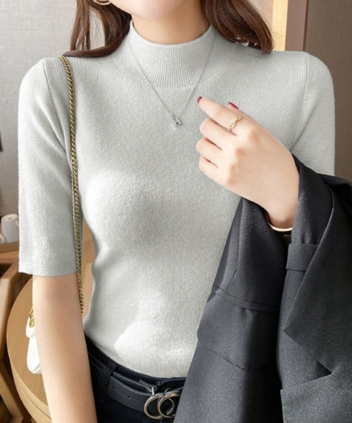 Miniministore(ミニミニストア)の「モックネック ニットトップス 五分袖韓国(ニット/セーター・レディース・ライトグレー/ホワイト/オレンジ/ベージュ/モカ/ブラック/ブルーグレー・FREE)」の13枚目の写真