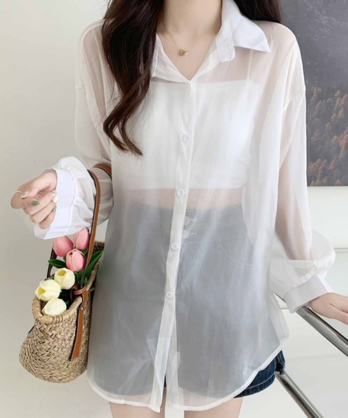 frunco（フランコ）の「シアーシャツ（シャツ/ブラウス・レディース・アイボリー/ブルー/グレー/パープル/ホワイト/ピンク/グリーン・FREE）」の14枚目の写真