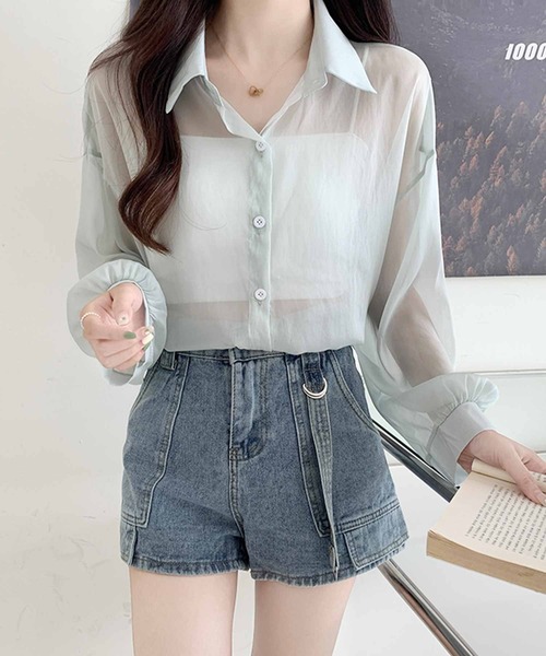 frunco（フランコ）の「シアーシャツ（シャツ/ブラウス・レディース・アイボリー/ブルー/グレー/パープル/ホワイト/ピンク/グリーン・FREE）」の9枚目の写真