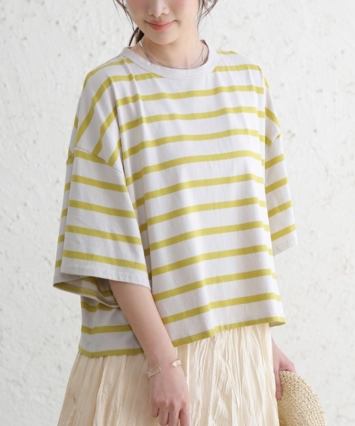 Doux Belle（ドゥーベル）の「ドロップショルダーボーダーTシャツ（Tシャツ/カットソー・レディース・ブラック/ベージュ/ライム・MEDIUM）」の3枚目の写真