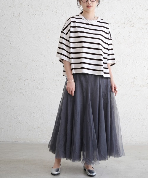 Doux Belle（ドゥーベル）の「ドロップショルダーボーダーTシャツ（Tシャツ/カットソー・レディース・ブラック/ベージュ/ライム・MEDIUM）」の4枚目の写真