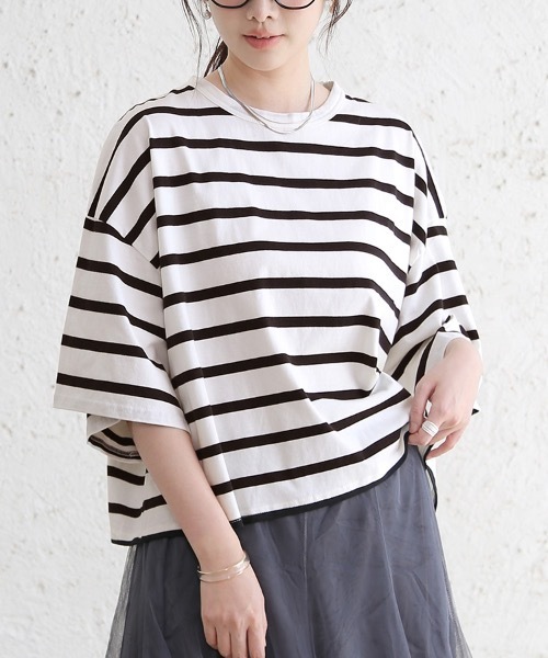 Doux Belle（ドゥーベル）の「ドロップショルダーボーダーTシャツ（Tシャツ/カットソー・レディース・ブラック/ベージュ/ライム・MEDIUM）」の5枚目の写真