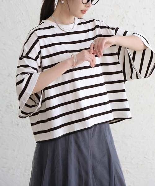 Doux Belle（ドゥーベル）の「ドロップショルダーボーダーTシャツ（Tシャツ/カットソー・レディース・ブラック/ベージュ/ライム・MEDIUM）」の6枚目の写真