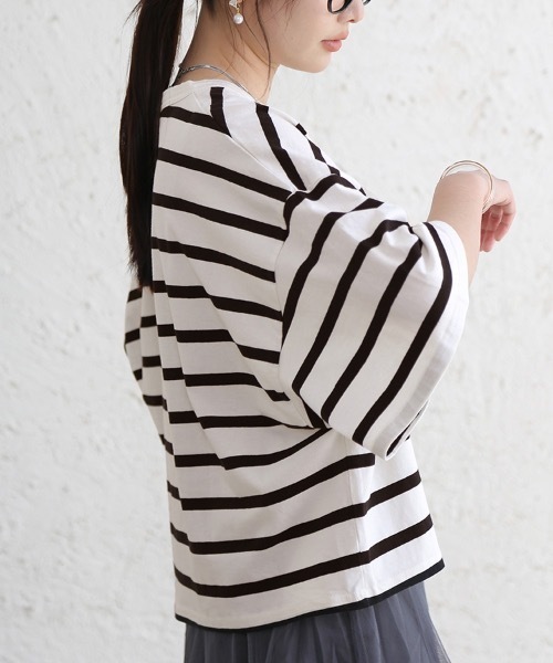 Doux Belle（ドゥーベル）の「ドロップショルダーボーダーTシャツ（Tシャツ/カットソー・レディース・ブラック/ベージュ/ライム・MEDIUM）」の7枚目の写真