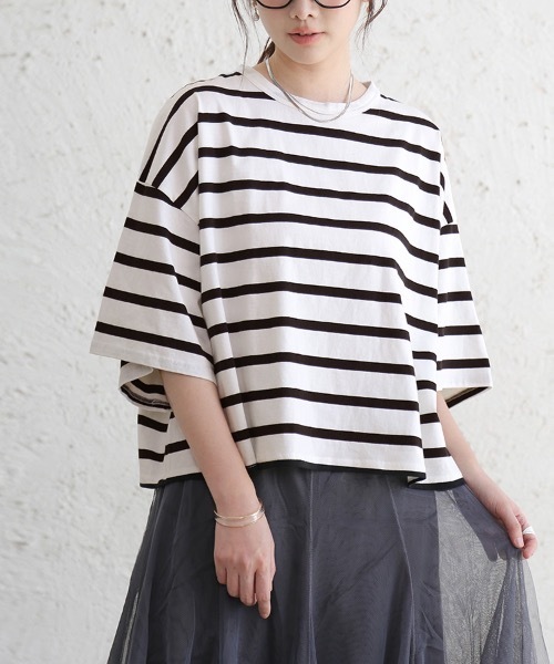 Doux Belle（ドゥーベル）の「ドロップショルダーボーダーTシャツ（Tシャツ/カットソー・レディース・ブラック/ベージュ/ライム・MEDIUM）」の8枚目の写真
