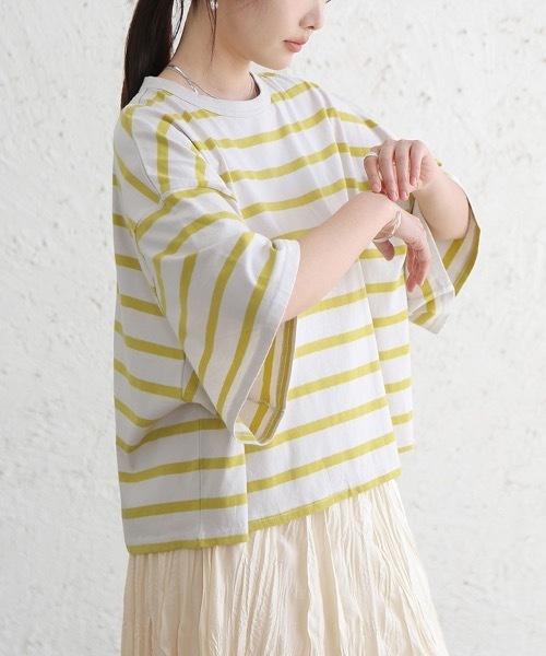 Doux Belle（ドゥーベル）の「ドロップショルダーボーダーTシャツ（Tシャツ/カットソー・レディース・ブラック/ベージュ/ライム・MEDIUM）」の11枚目の写真