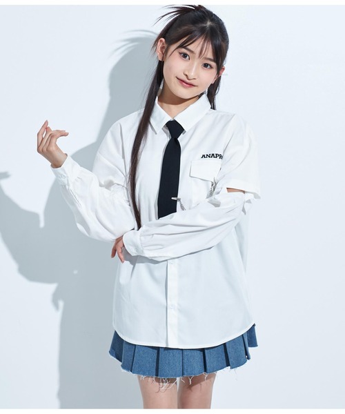 ANAP GiRL(アナップガール)の「ANAPR+S【リラスポ】2WAYネクタイ付BIGシャツ(ユニセックス)(シャツ/ブラウス・キッズ・ホワイト・S/M)」の3枚目の写真