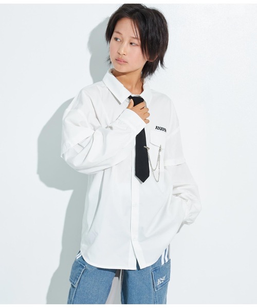 ANAP GiRL(アナップガール)の「ANAPR+S【リラスポ】2WAYネクタイ付BIGシャツ(ユニセックス)(シャツ/ブラウス・キッズ・ホワイト・S/M)」の15枚目の写真