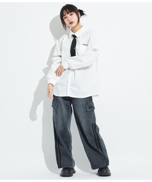 ANAP GiRL(アナップガール)の「ANAPR+S【リラスポ】2WAYネクタイ付BIGシャツ(ユニセックス)(シャツ/ブラウス・キッズ・ホワイト・S/M)」の2枚目の写真