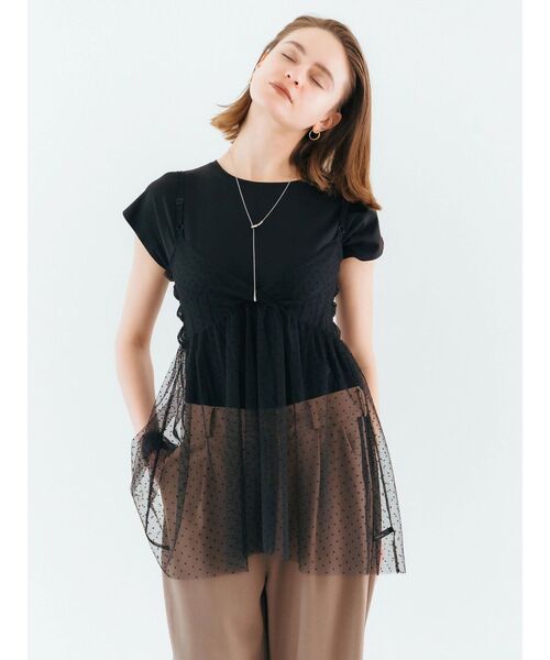 YECCA VECCA（イェッカヴェッカ）の「【2点SET】マルチwayチュールオーバーキャミSET/Tee（Tシャツ/カットソー・レディース・ブラック/オフホワイト・FREE）」の3枚目の写真