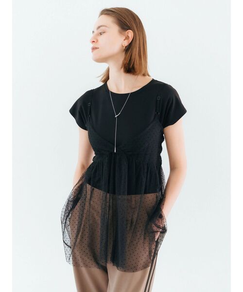 YECCA VECCA（イェッカヴェッカ）の「【2点SET】マルチwayチュールオーバーキャミSET/Tee（Tシャツ/カットソー・レディース・ブラック/オフホワイト・FREE）」の4枚目の写真