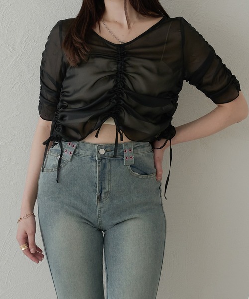 Ambre Neige（アンブルネージュ）の「shirring sheer tops / シャーリングシアートップス（シャツ/ブラウス・レディース・ライトブルー/アイボリー/ベビーピンク/ライトグレー/ブラック・FREE）」の3枚目の写真