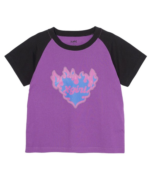 X-girl（エックスガール）の「BURNING HEART RAGLAN S/S BABY TEE（Tシャツ/カットソー・レディース・ブラック/ホワイト/パープル・S/M）」の3枚目の写真