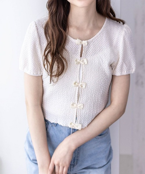 clear（クリア）の「フロントリボンメローカットソートップス（Tシャツ/カットソー・レディース・ミント/ブラック/アイボリー・F）」の2枚目の写真