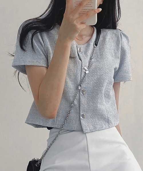 MAISON DE THERESE(メゾン ド テレーズ)の「ショート丈半袖ジャケット(テーラードジャケット・レディース・ホワイト/ブルー/ブラック・M/L)」の13枚目の写真