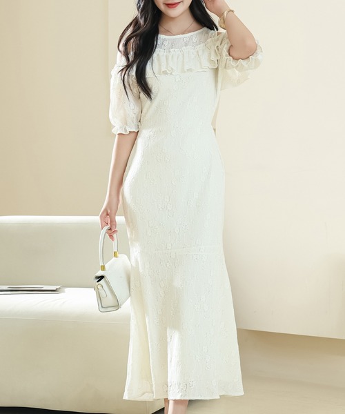 Lace Ladies(レースレディース)の「カットアウト パフスリーブ 総レース マーメイド フリル ワンピース(ワンピース・レディース・ブラック/アイボリー・S/FREE)」の2枚目の写真