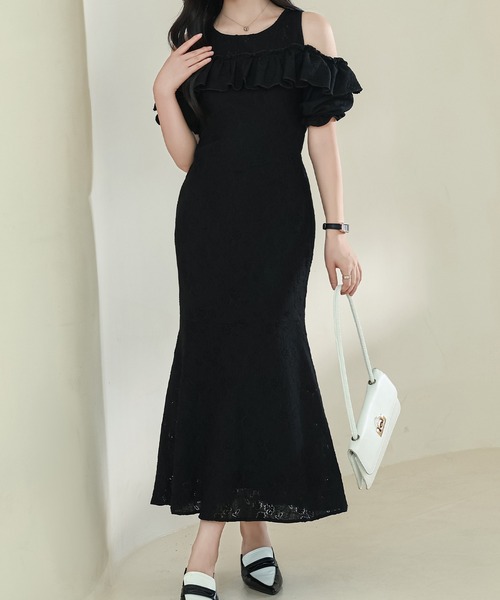 Lace Ladies(レースレディース)の「カットアウト パフスリーブ 総レース マーメイド フリル ワンピース(ワンピース・レディース・ブラック/アイボリー・S/FREE)」の15枚目の写真