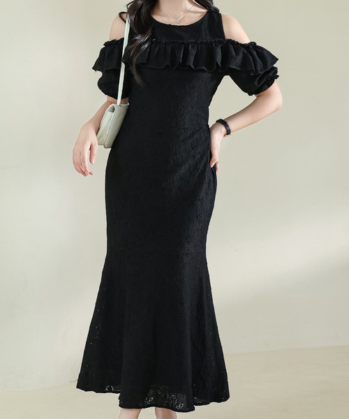 Lace Ladies(レースレディース)の「カットアウト パフスリーブ 総レース マーメイド フリル ワンピース(ワンピース・レディース・ブラック/アイボリー・S/FREE)」の14枚目の写真
