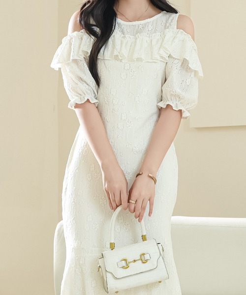 Lace Ladies(レースレディース)の「カットアウト パフスリーブ 総レース マーメイド フリル ワンピース(ワンピース・レディース・ブラック/アイボリー・S/FREE)」の9枚目の写真