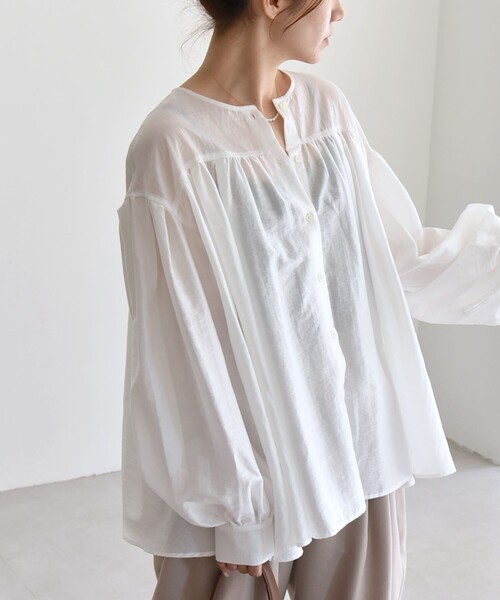 【セール】quaranciel:〈洗濯機可能〉シアー ギャザー クルーネック シャツ ブラウス（シャツ/ブラウス）｜quaranciel（カランシエル）