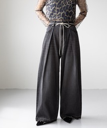 ウエスト紐付き/タックワイドデニム