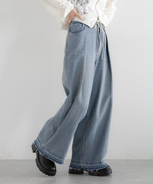ダークブルー ハイウエスト ワイドレッグ デニム 3color ／ 4size 】サイドタック切替ハイウエストストレートデニム