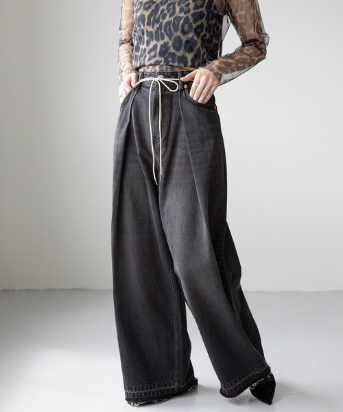 RAGEBLUE（レイジブルー）の「ウエスト紐付き/タックワイドデニム（デニムパンツ・レディース・ブラック/ブルー・FREE）」の7枚目の写真