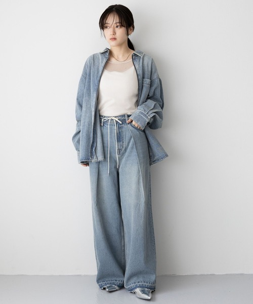 CURRENTAGEデニム ワイドパンツ ウエストリボン付 CURRENTAGEデニム ワイドパンツ ウエストリボン付 CURRENTAGE