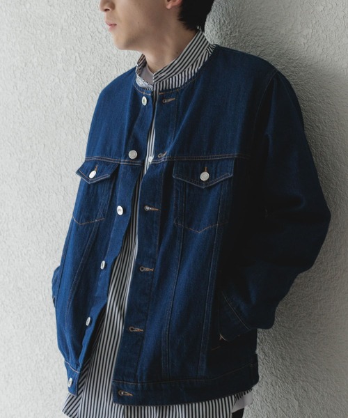 ITEMS URBANRESEARCH（アイテムズ アーバンリサーチ）の「Denim No Collar Jacket（デニムジャケット・メンズ・ネイビー/ブラック・MEDIUM/LARGE）」の4枚目の写真