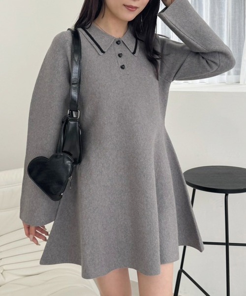 one after another NICE CLAUP(ワンアフターアナザーナイスクラップ)の「ポロ襟ミニワンピース(ワンピース・レディース・アイボリー/ブラック/杢グレー・FREE)」の10枚目の写真