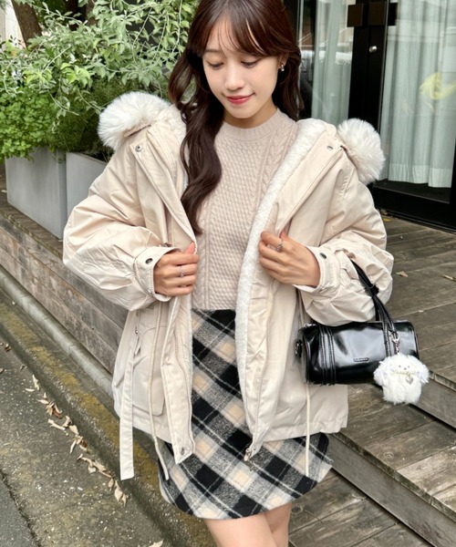 セール】ボリュームファーフードワンピースコート（ダウンジャケット