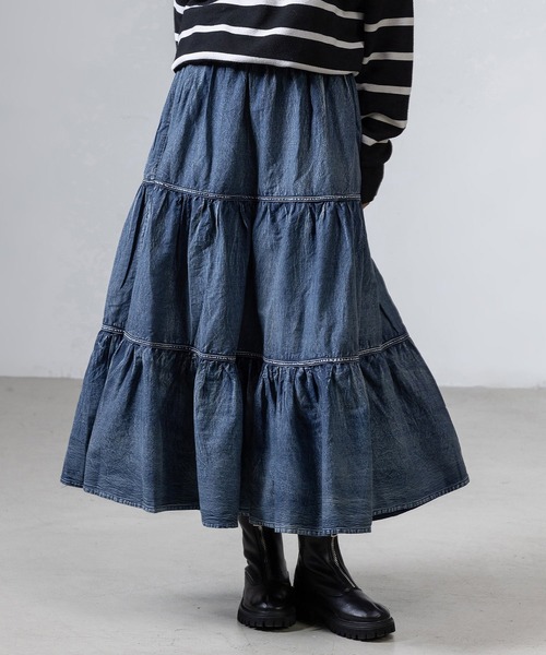 レディース デニム風ドラマティックロングティアードフリルスカート