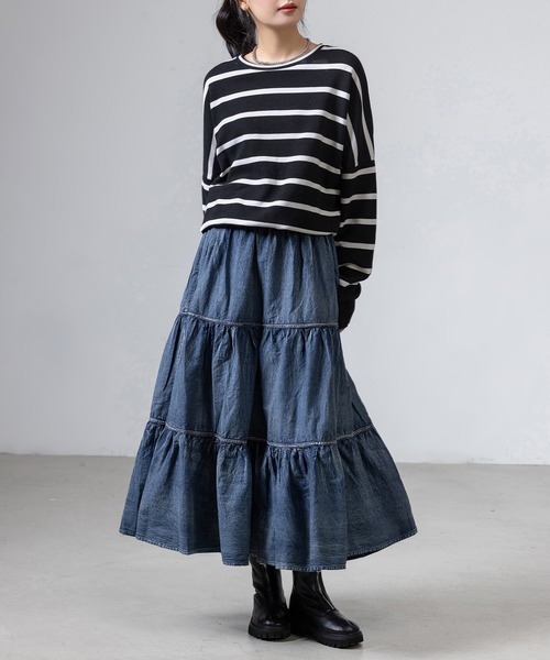 レディース デニム風ドラマティックロングティアードフリルスカート