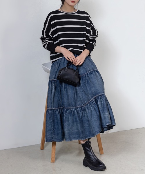 レディース デニム風ドラマティックロングティアードフリルスカート