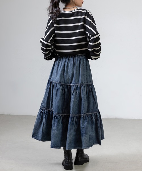 セール】レディース デニム風ドラマティックロングティアードフリル