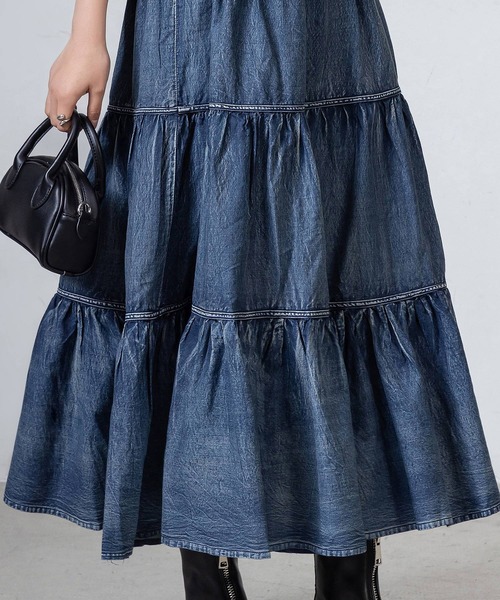 デニムフリルスカート 新品タグ付き レディース デニム風ドラマティックロングティアードフリルスカート