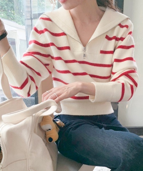 by LEGNA(バイレグナ)の「フロントのジッパーデザインがアクセント。ボーダー柄セーラーカラーニット(ニット/セーター・レディース・ホワイト×ブラック/ホワイト×レッド/ホワイト×ブルー/ネイビー×ホワイト・FREE)」の6枚目の写真