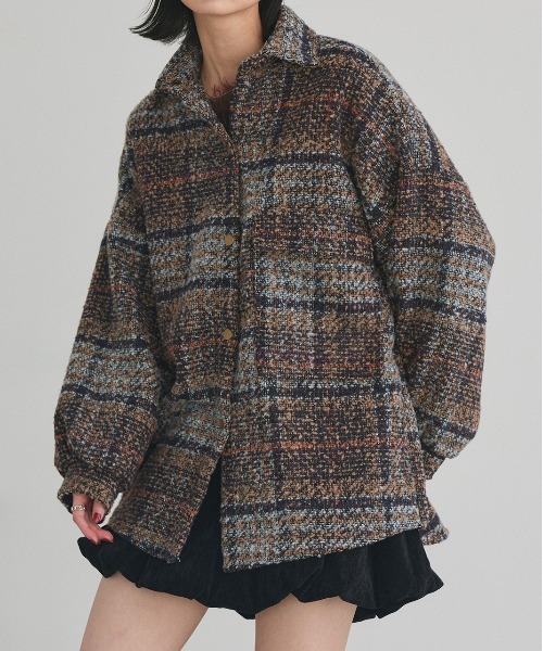 ad thie(アドティエ)の「ビッグシルエット チェックジャケット(シャツ/ブラウス・レディース・グレー/ピンク/ブラウン/ネイビー・FREE)」の2枚目の写真
